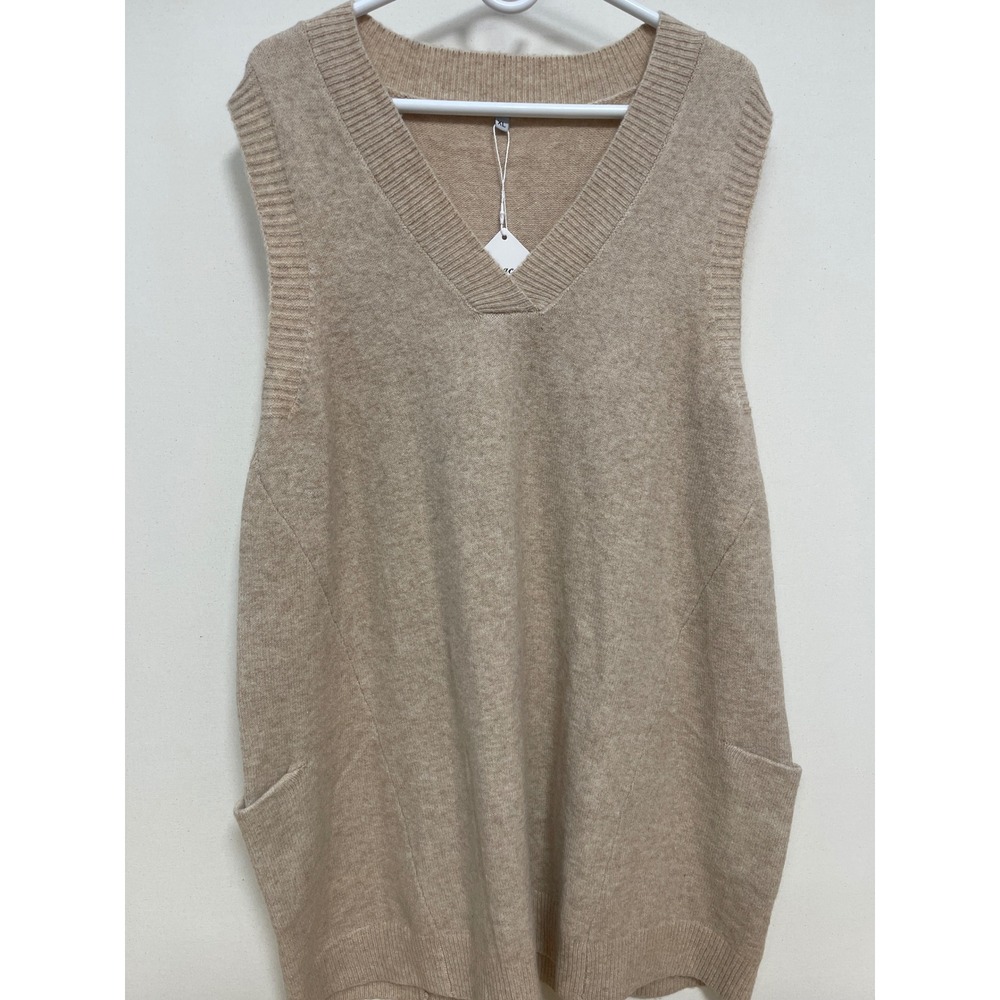 Caracilia Tan Beige V Neck Sweater Vest Oversized Sleeveless Pullover Pockets XL